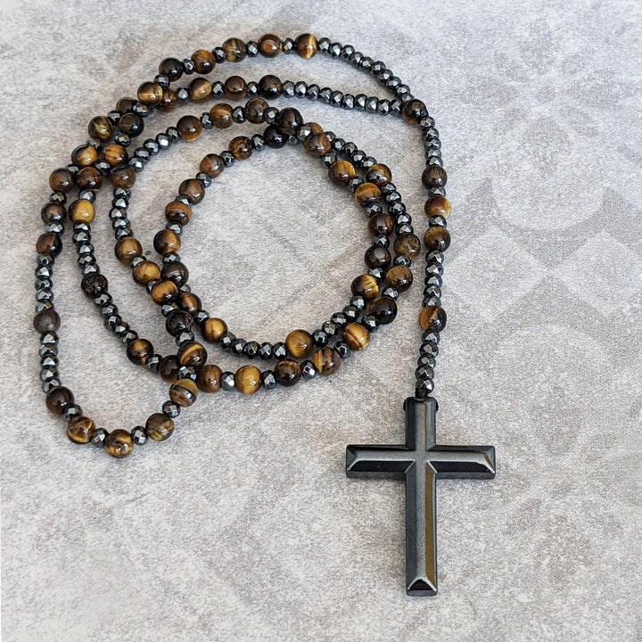 Edelstein-Rosenkranz für Herren: Jaspis-Kette mit Kreuz-Anhänger, spiritueller Schmuck.