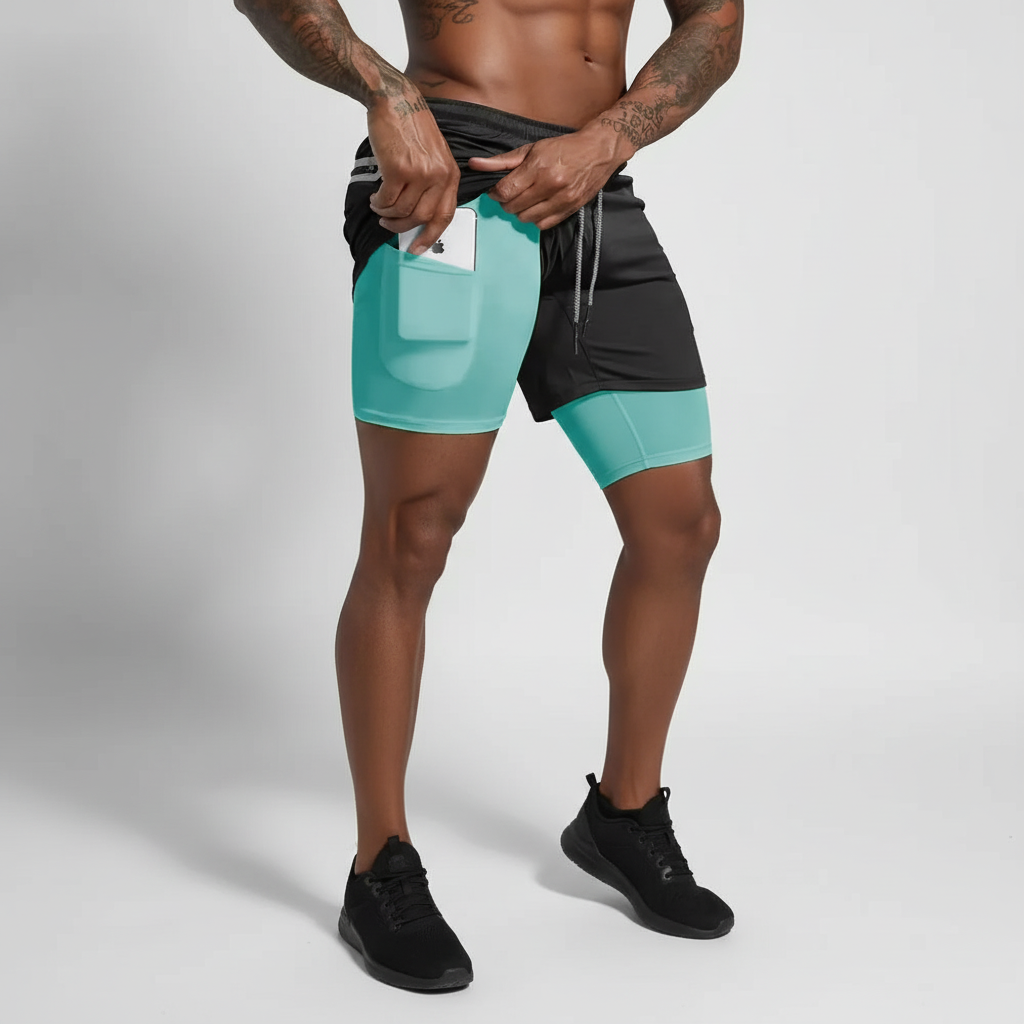 Seitliche Ansicht der atmungsaktiven RunVibeX Herren Sportshorts, ideal für Training & Fitness.