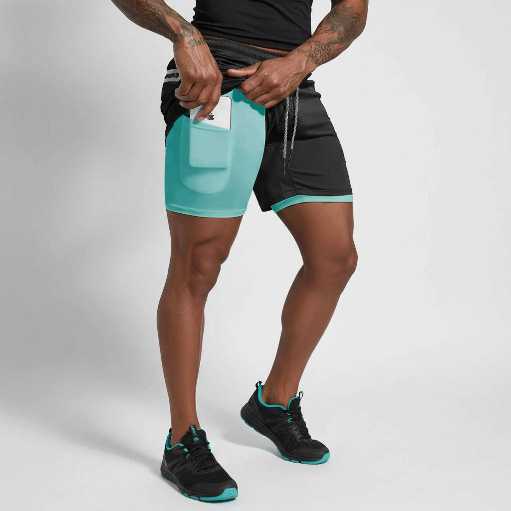 Nahaufnahme der inneren Kompressionsschicht der RunVibeX Herren Laufshorts für Komfort.