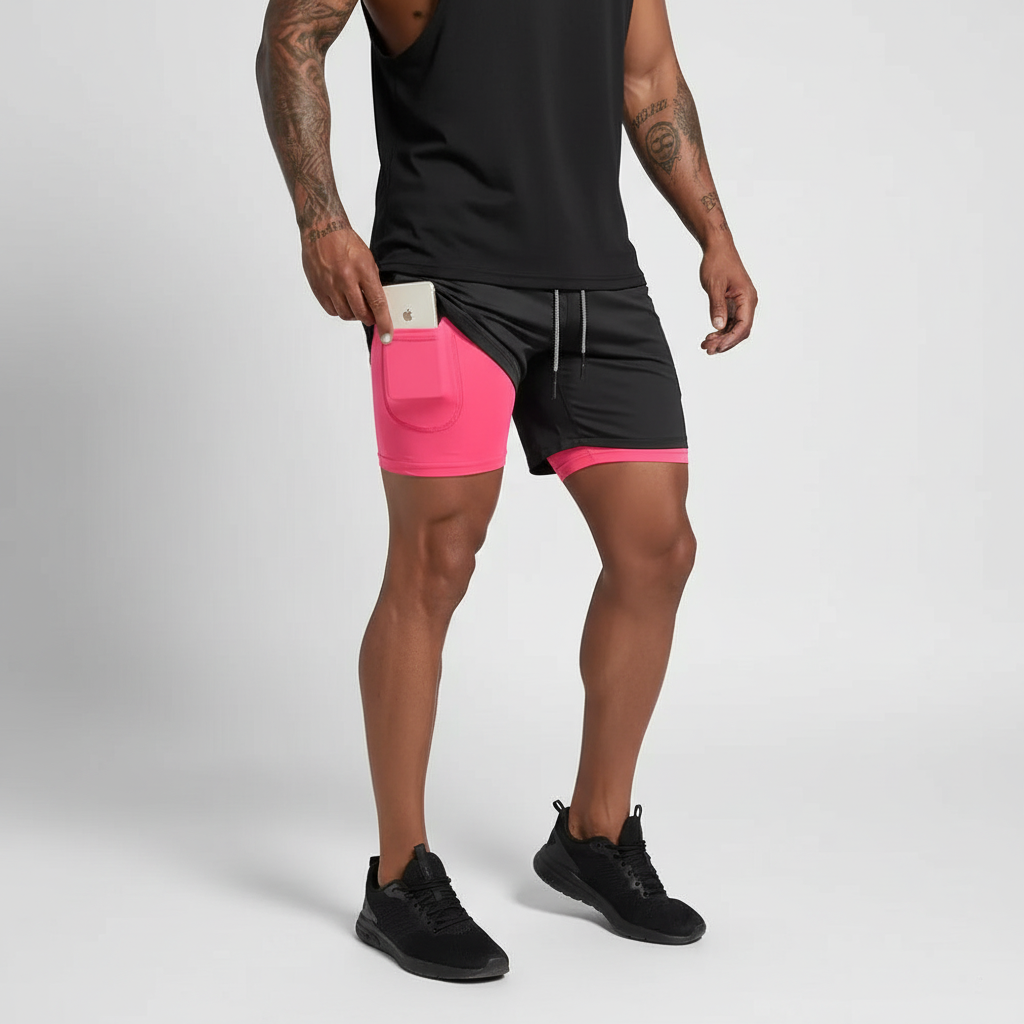 Sportler dehnt sich in RunVibeX doppellagigen Herren Fitness-Shorts, atmungsaktiv & bequem.