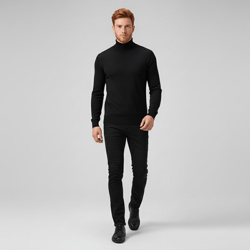 Beiger Herrenpullover, Rollkragen Slim Fit. Ein Muss für einen gepflegten, modernen Herren-Look.