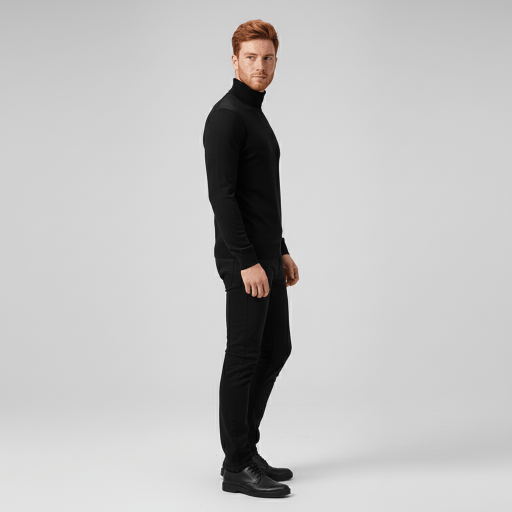 Schwarzer Langarm-Rollkragenpullover für Herren, Slim Fit. Eleganter Winterpullover für Business.