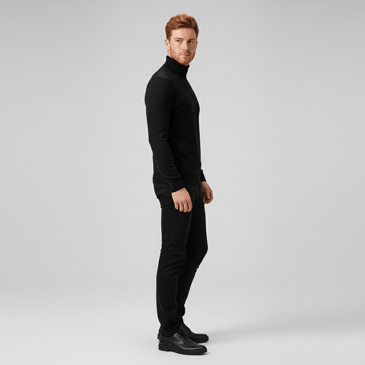 Schwarzer Langarm-Rollkragenpullover für Herren, Slim Fit. Eleganter Winterpullover für Business.