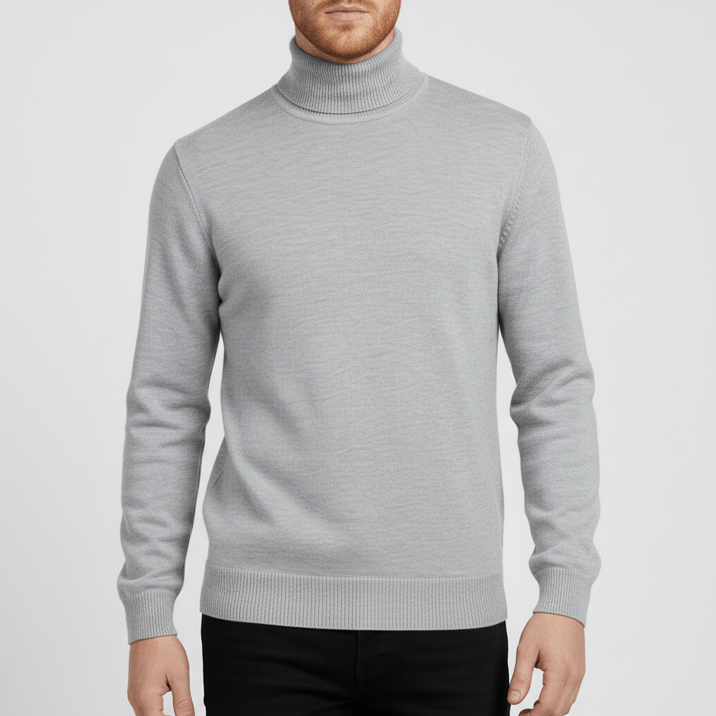 Eleganter schwarzer Slim-Fit Rollkragenpullover für Herren. Passt ideal zu Anzügen oder Jeans.