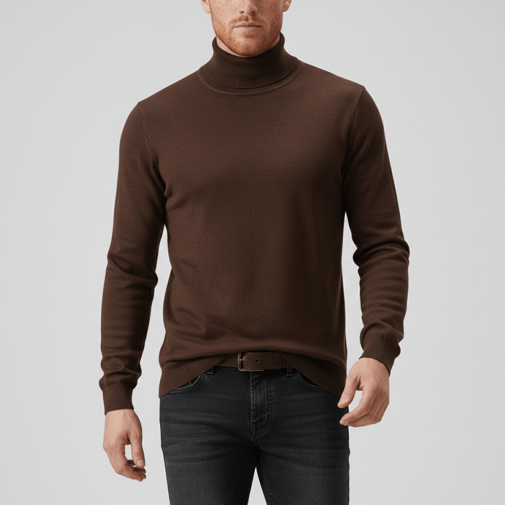 Hochwertiger beiger Herren Slim-Fit Rollkragenpullover. Stilvoll, bequem und langlebig.