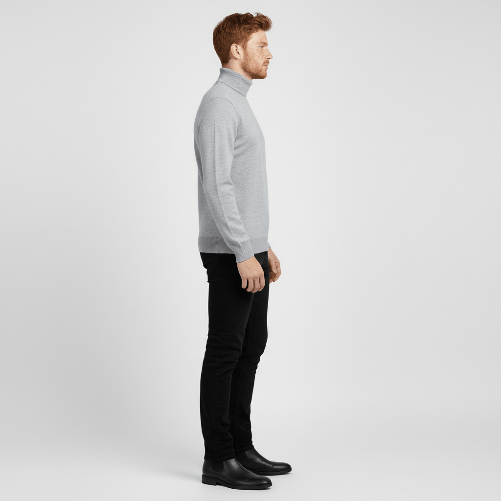 Beiger Herrenpullover mit Rollkragen, Slim Fit. Bequem, atmungsaktiv und vielseitig kombinierbar.