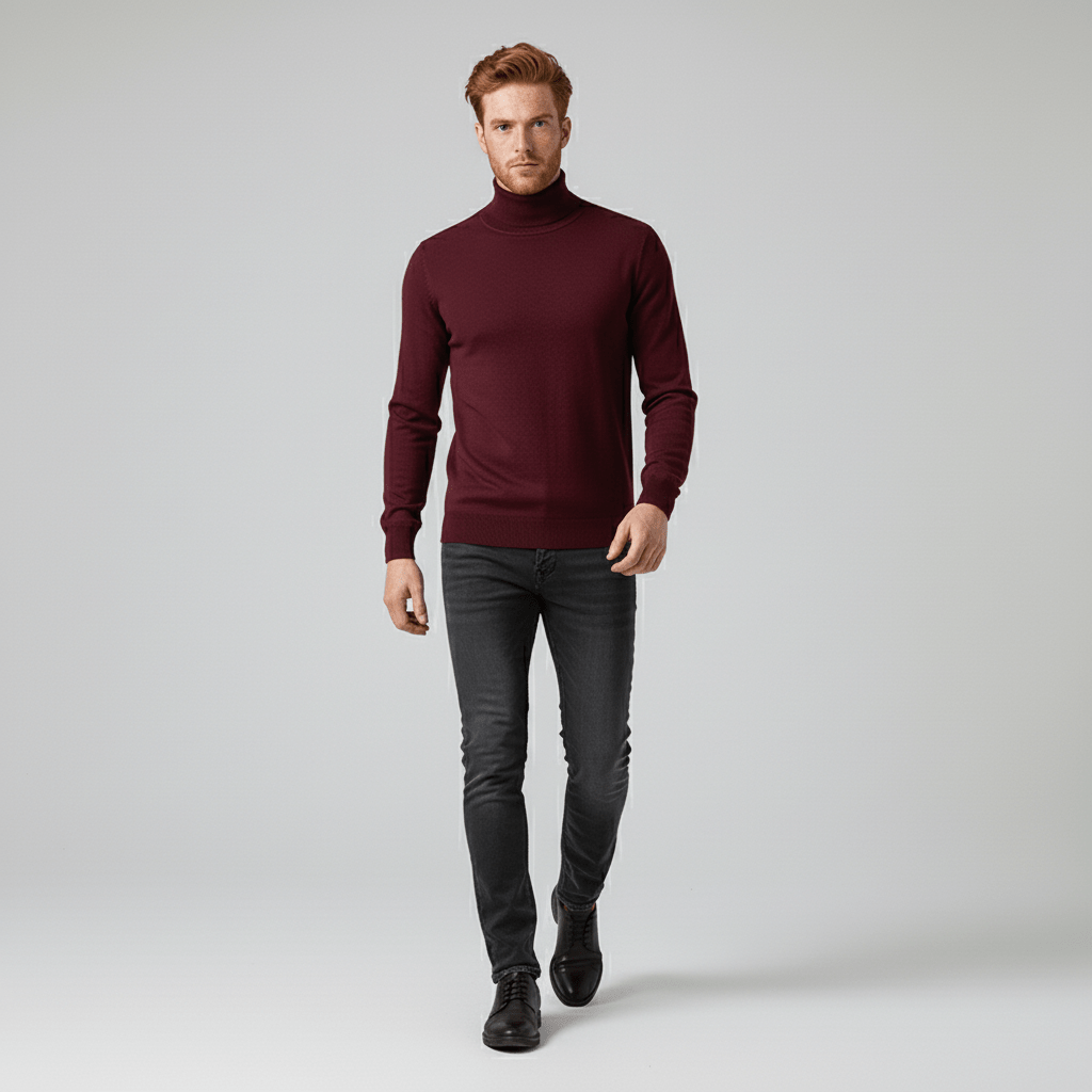 Stylischer beiger Slim-Fit Rollkragenpullover für Herren. Langarm, warm und ideal für Layering.