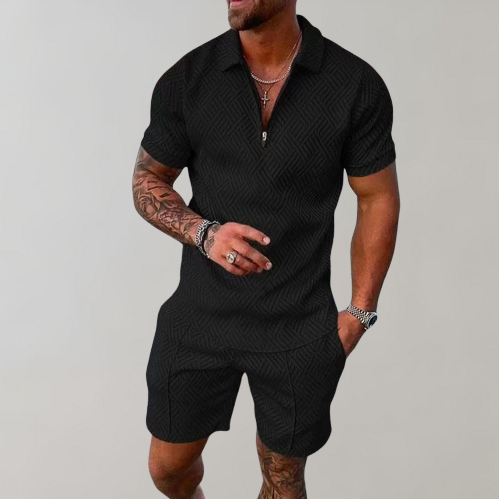 Herren Sommer Set: Stilvolles zweiteiliges Polo & Shorts Outfit in Blau für bequeme Freizeitkleidung. Ideal für warme Tage.