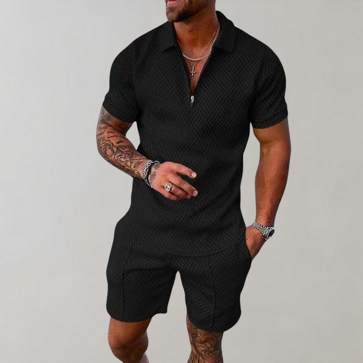 Herren Sommer Set: Stilvolles zweiteiliges Polo & Shorts Outfit in Blau für bequeme Freizeitkleidung. Ideal für warme Tage.