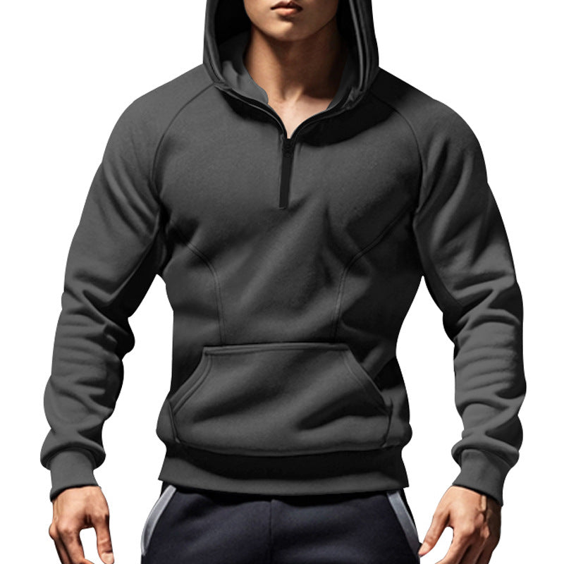 Ansicht von vorne: Herren Sport Kapuzenpullover mit Reißverschluss, Kapuze und bequemen Eingrifftaschen.