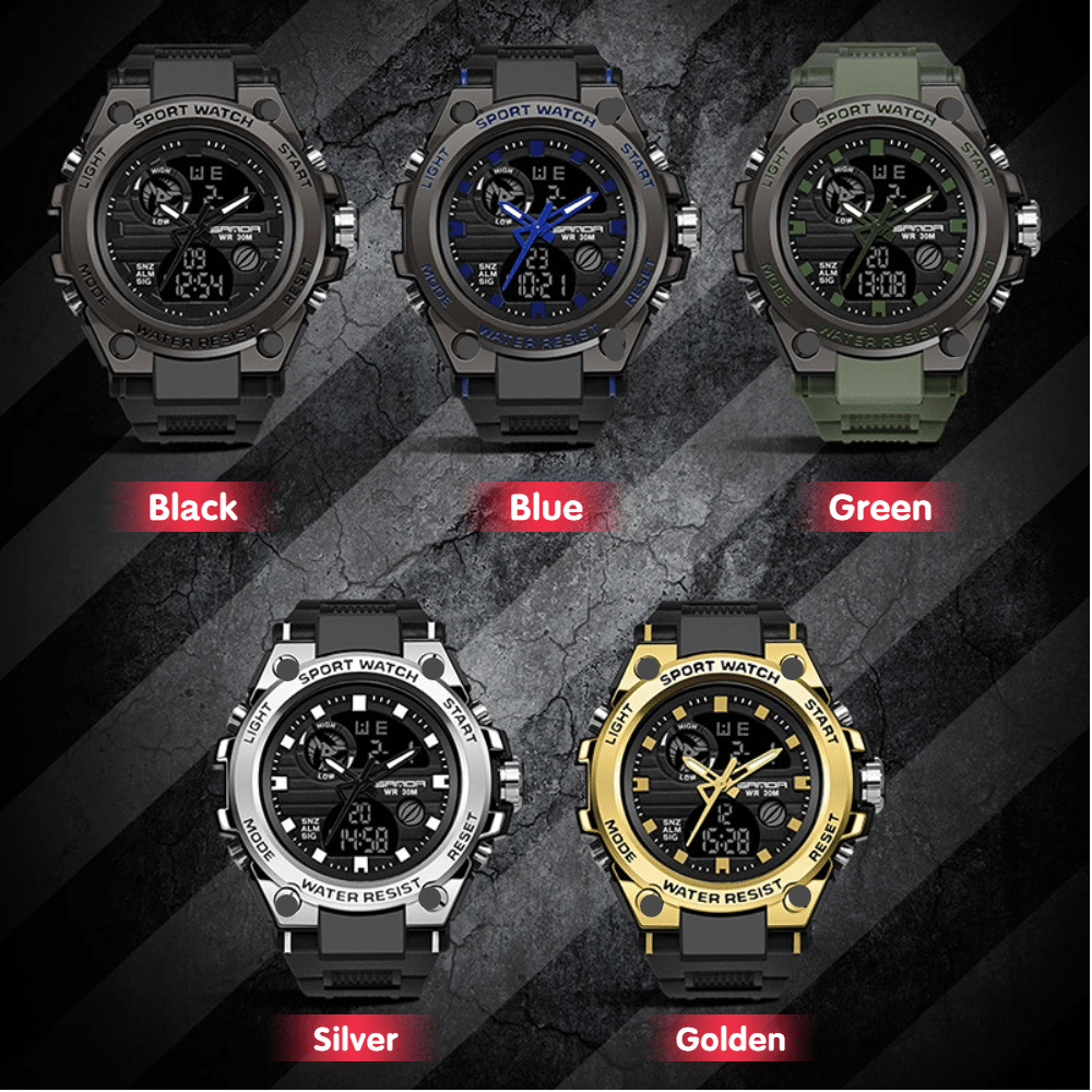 Robuste Herrenarmbanduhr mit Dual-Display und wasserdichter Konstruktion für den aktiven Mann.