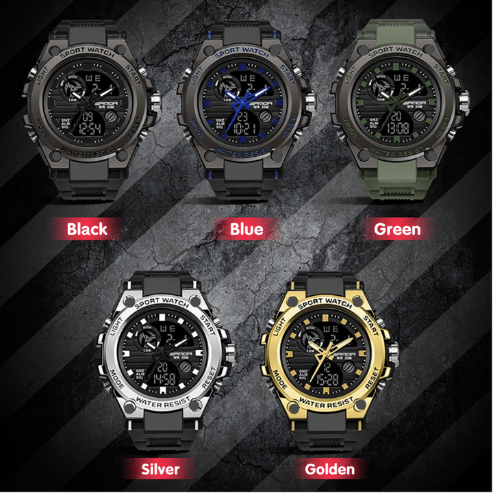 Robuste Herrenarmbanduhr mit Dual-Display und wasserdichter Konstruktion für den aktiven Mann.