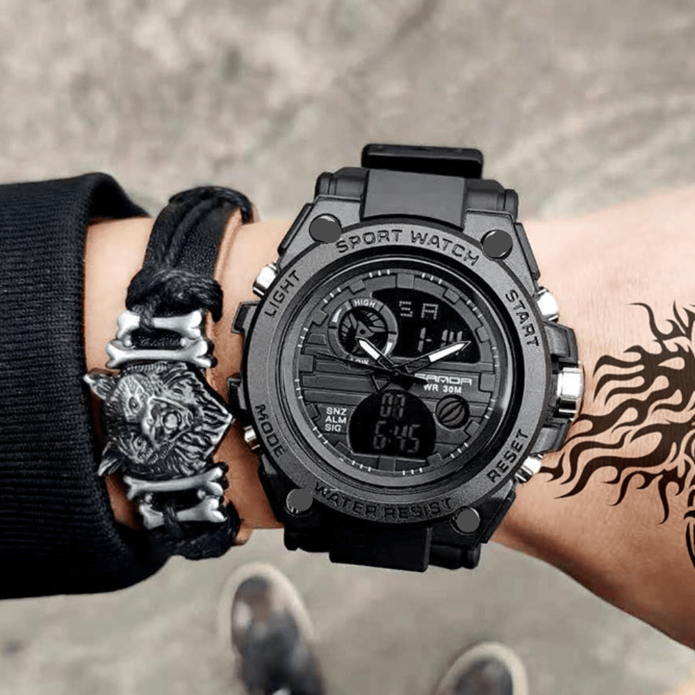 Markante Herrenuhr mit einzigartigem Dual-Display, leuchtend, und wasserdicht für jeden Anlass.