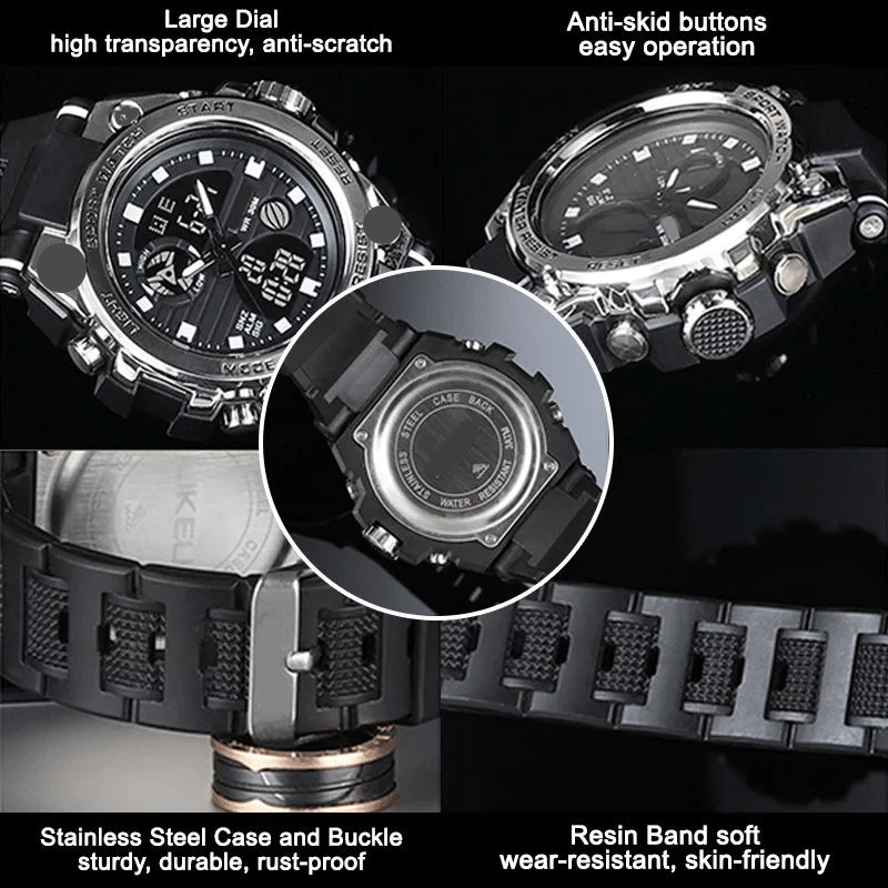 Moderne Herren Digitaluhr mit Dual-Display Technologie und leuchtenden Zeigern/Ziffern.