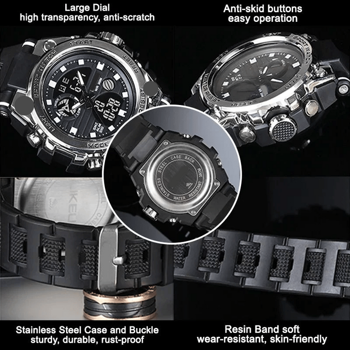 Moderne Herren Digitaluhr mit Dual-Display Technologie und leuchtenden Zeigern/Ziffern.