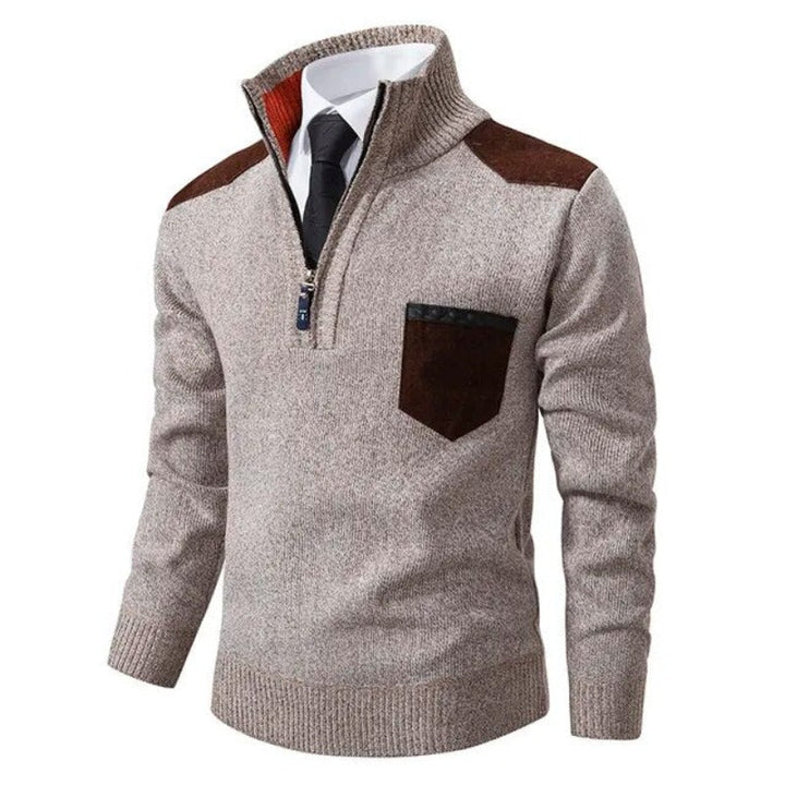 Herren Strickpullover mit Stehkragen und Quarter-Zip. Ideal für stilvolle Herbst- & Winter-Outfits.