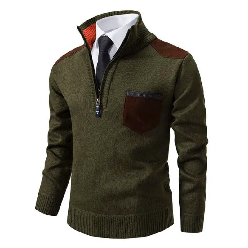 Eleganter Herren Quarter-Zip Pullover aus Strick mit Stehkragen für Business Casual oder Freizeit.