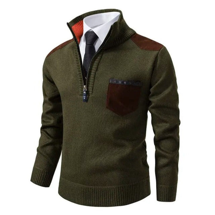 Eleganter Herren Quarter-Zip Pullover aus Strick mit Stehkragen für Business Casual oder Freizeit.