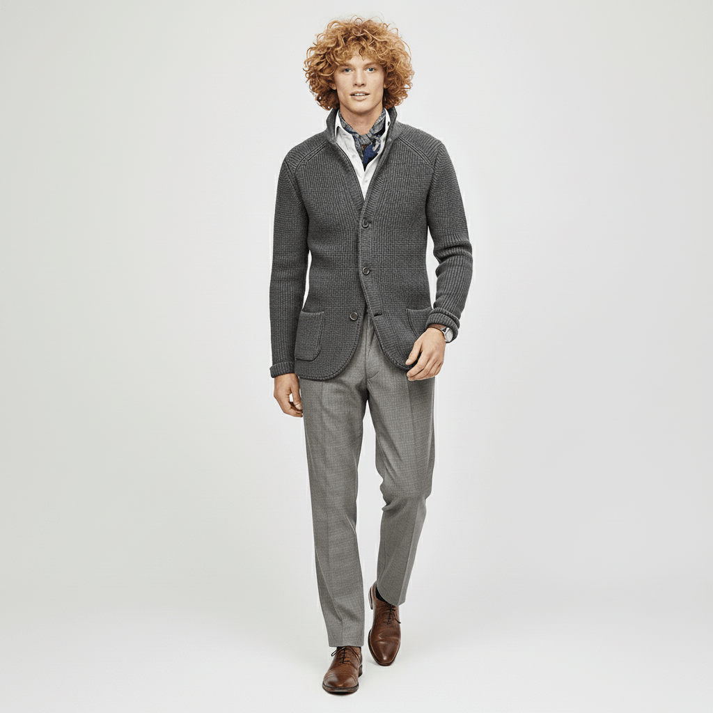 Rückenansicht der strukturierten Herren-Strickjacke, langärmlig, komfortabler Herren-Cardigan.