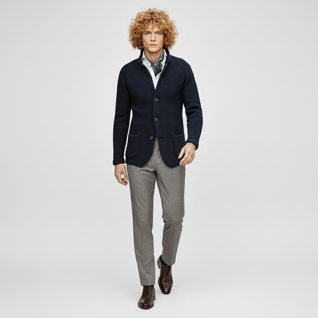 Detailansicht des Kragens der strukturierten Herren-Strickjacke mit langen Ärmeln.