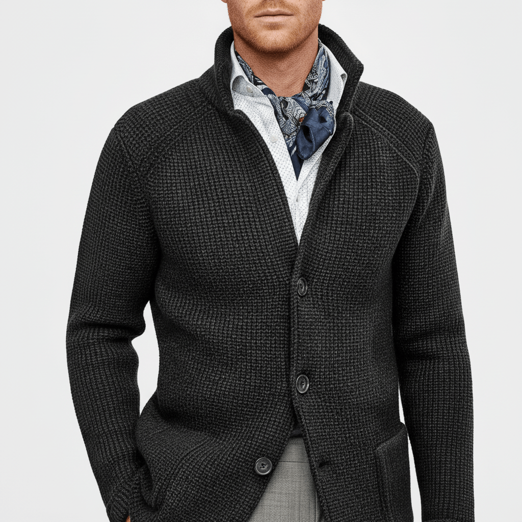 Herren-Strickjacke, strukturiert, langärmlig, auf Bügel hängend, ein stilvolles Oberteil für Männer.