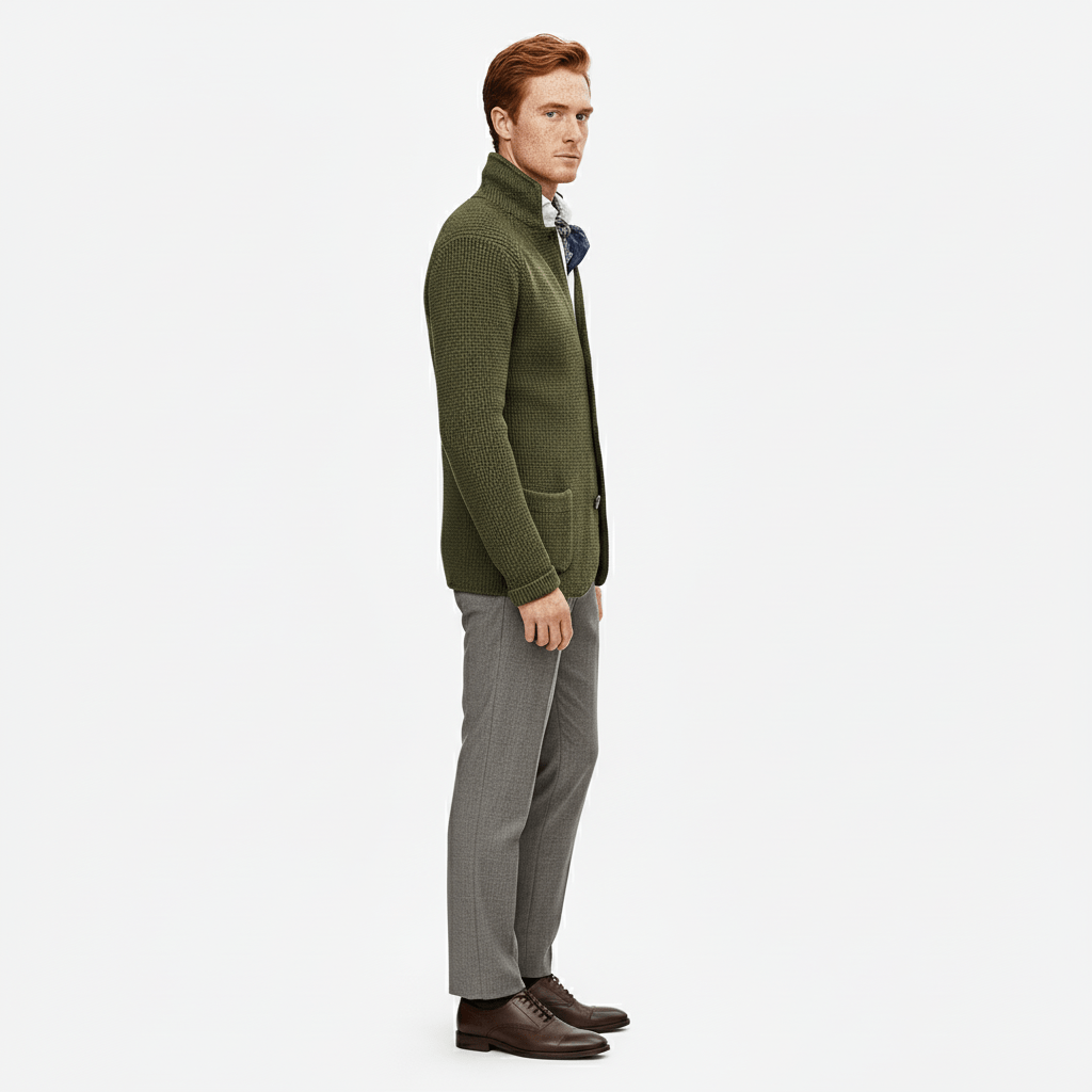 Ganzer Look: Herren Struktur-Strickjacke, langärmlig, als modisches Oberteil für viele Anlässe.