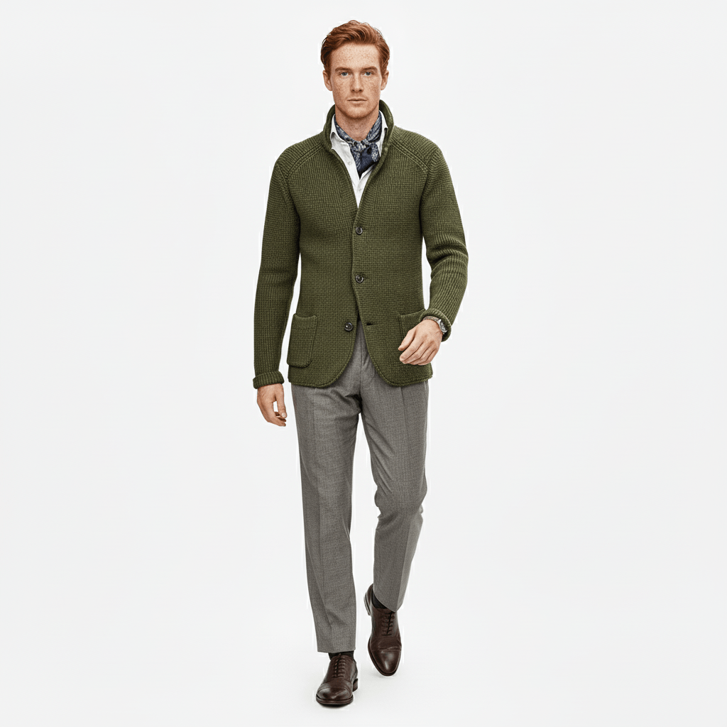 Gefaltete Herren-Strickjacke mit Strukturmuster, langärmlig, bereit für casual & elegante Looks.