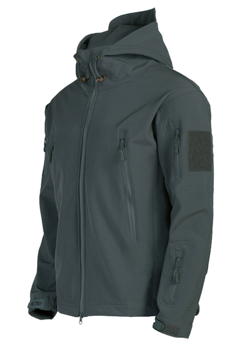 Komfortable Herren Freizeitjacke, Softshell, Kapuze, taktisch, winddicht & wasserdicht, für Aktive.