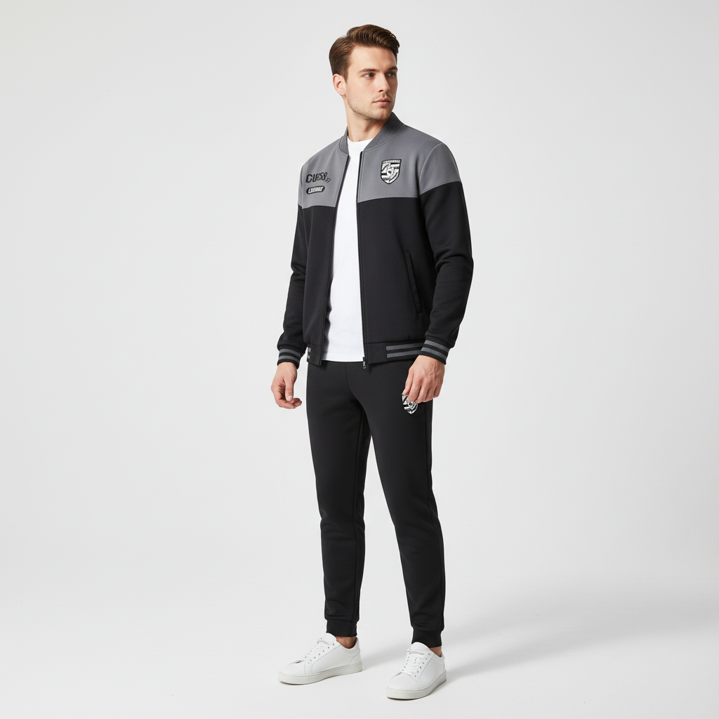 Mann präsentiert sportlichen Herren Baseball-Trainingsanzug, ideal für einen aktiven und entspannten Freizeit-Look.