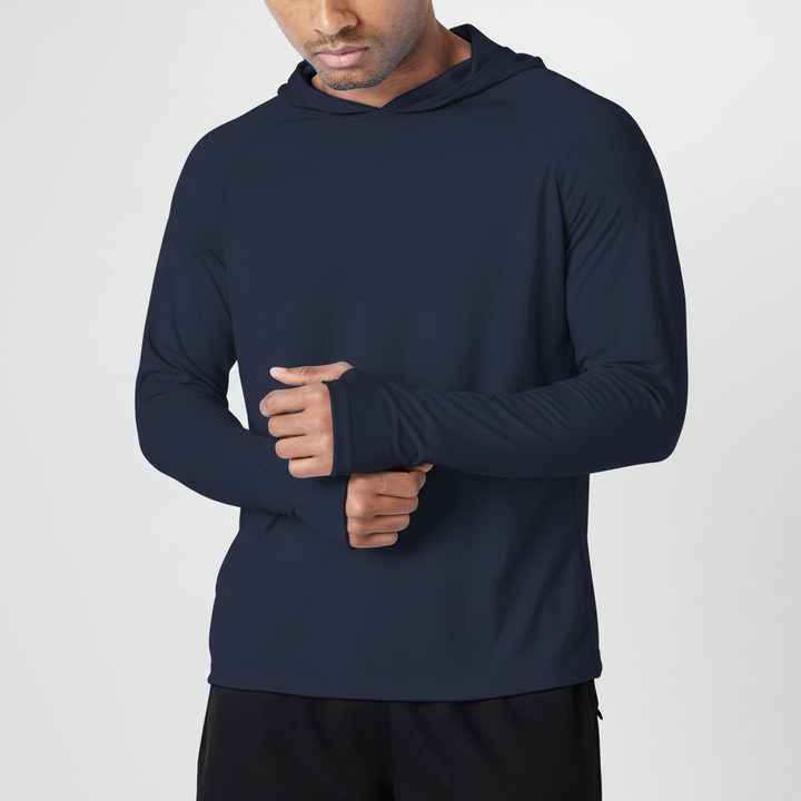 Herren UV Schutz Hoodie SunveilPro mit Feuchtigkeitsregulierung, perfekt für intensive Outdoor-Workouts.