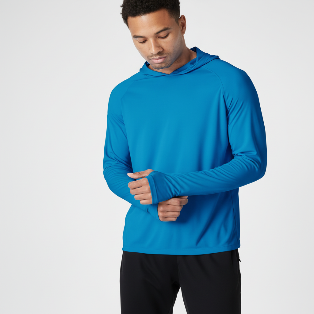 Mann trägt leichten Herren UV Hoodie SunveilPro beim Wandern. Optimal für UV Schutz & Feuchtigkeitsregulierung.