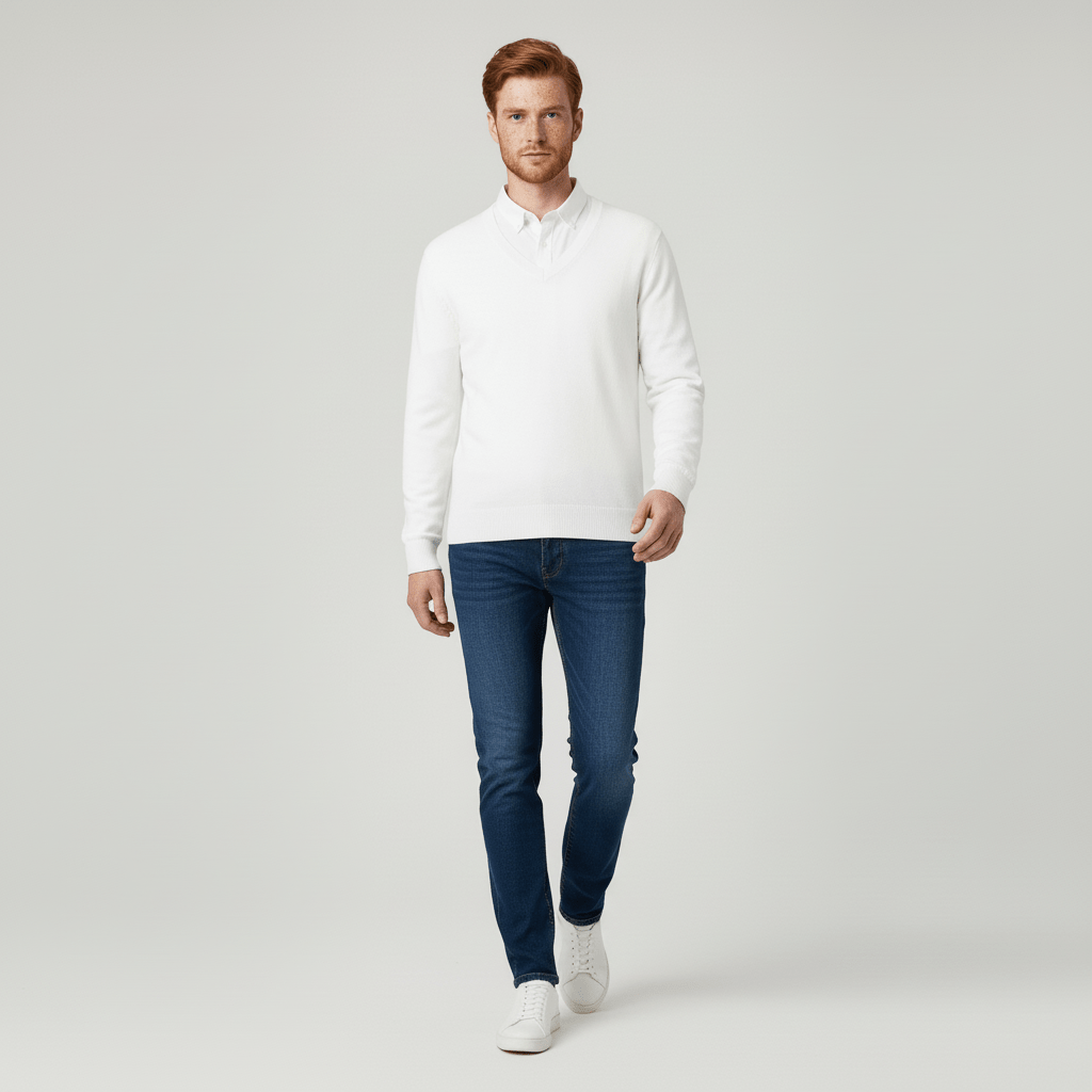 Stilvoller Herren Langarm Pullover, Slim Fit V-Ausschnitt, betont die Figur elegant.
