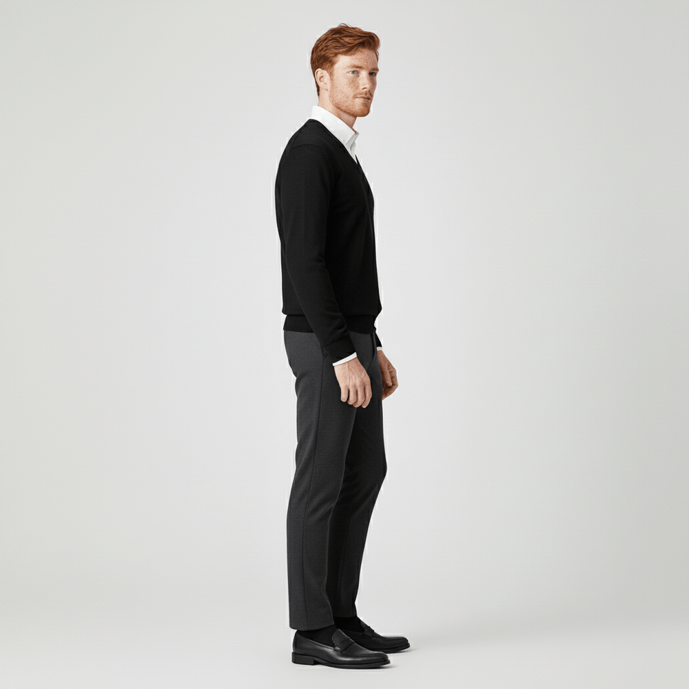 Schmal geschnittener Herrenpullover mit V-Ausschnitt. Ein vielseitiges Basic für stilvolle Outfits.