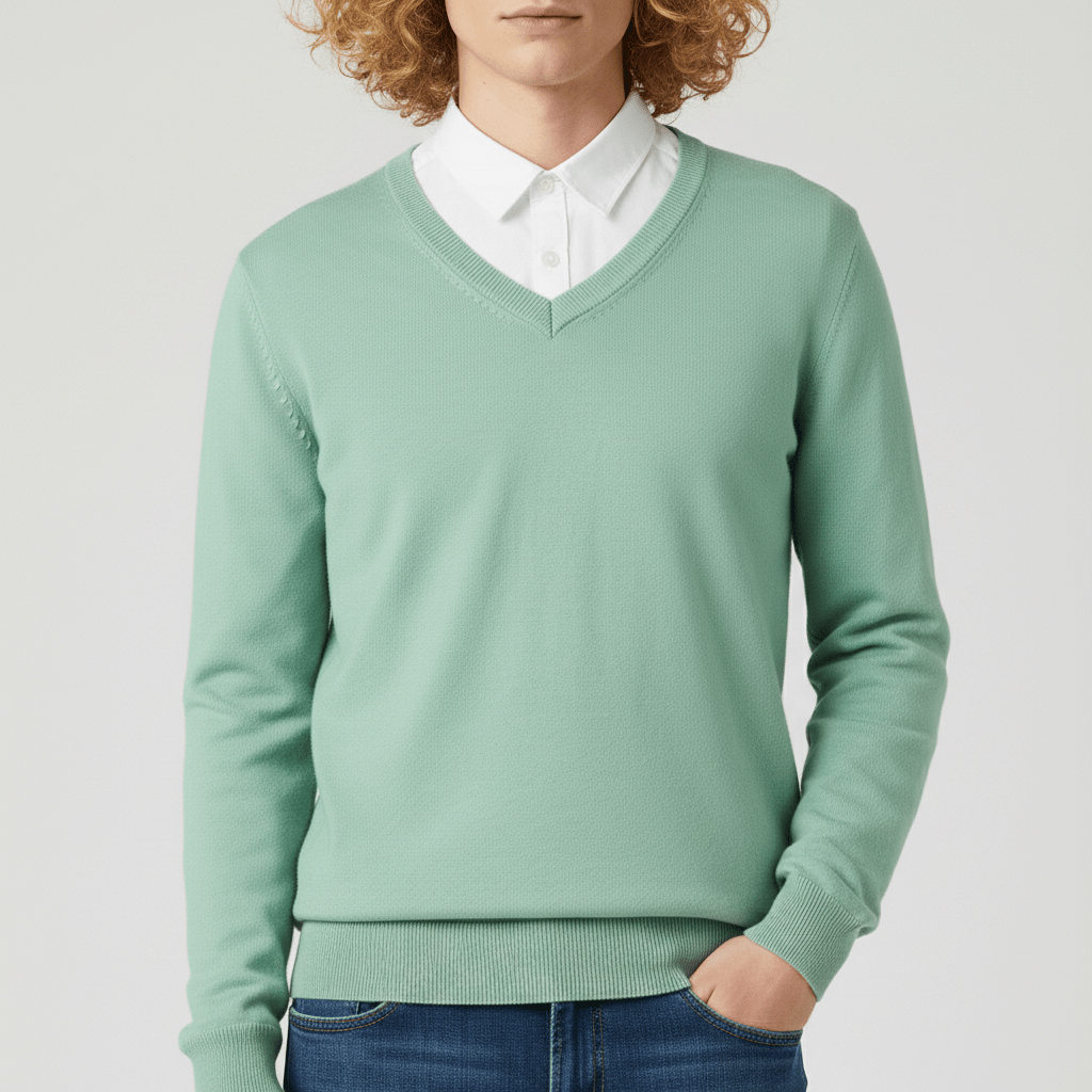 Schmal geschnittener Herren V-Ausschnitt Pullover, vielseitig für Büro und entspannte Anlässe.