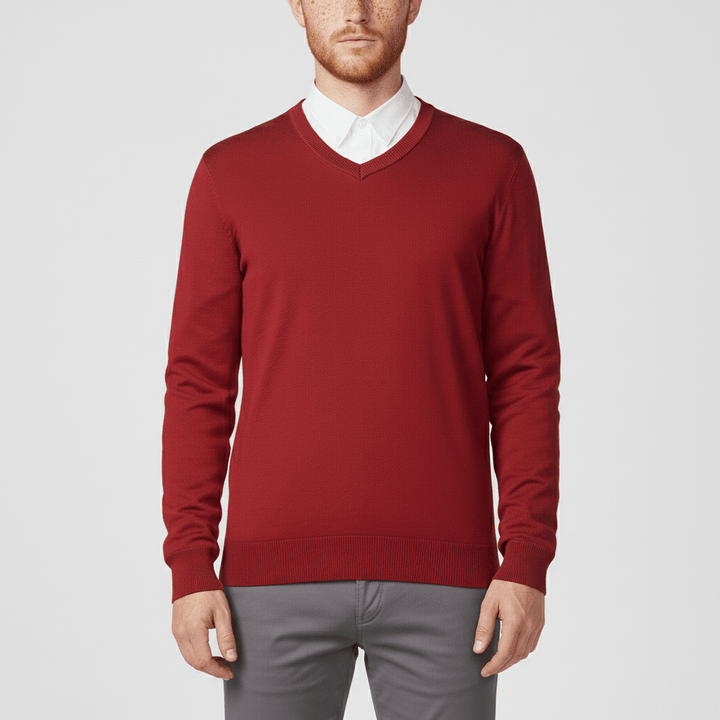 Eleganter Basic Herren V-Ausschnitt Pullover, schmal geschnitten, für Casual und Business Casual.