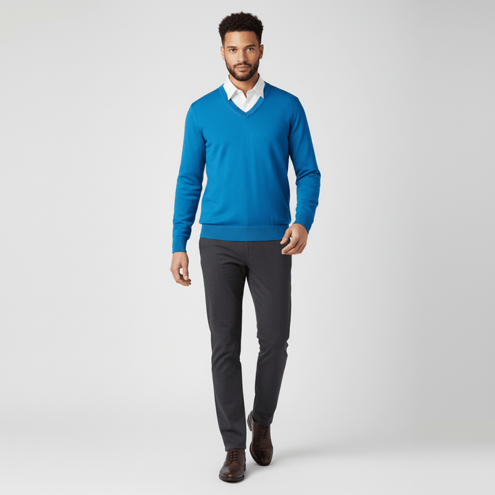 Hochwertiger Herrenpullover Samuel, V-Ausschnitt, Slim Fit, kombiniert Komfort & Eleganz.