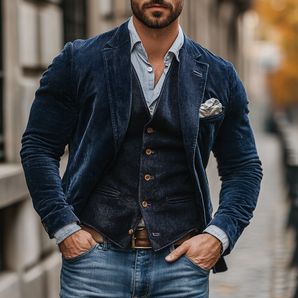 Herren Vintage Blazer & Weste Set, Grau meliert, für eleganten Retro Look. Formelle Business Casual Herrenmode.