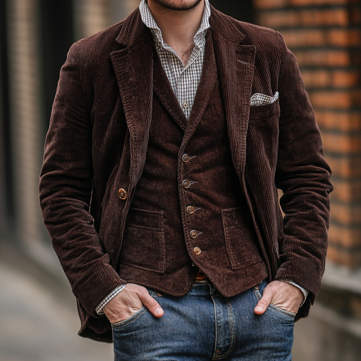 Detailansicht des edlen Herren Vintage Blazers mit passender Weste. Ideal für Business, Feiern & Herbst/Winter Outfits.