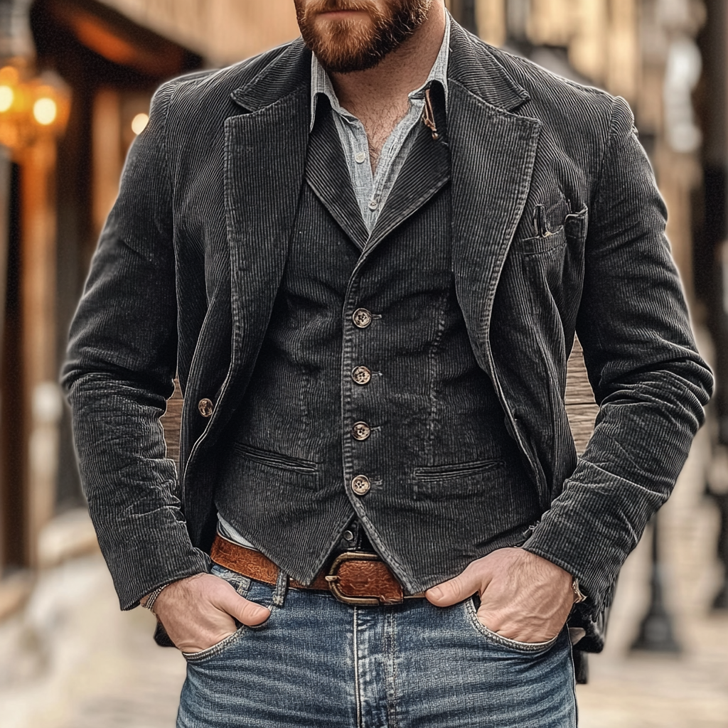 Mann im eleganten Herren Vintage Blazer & Weste Set. Stilvoller Retro Look für Business, Festlichkeiten & Herbstmode.