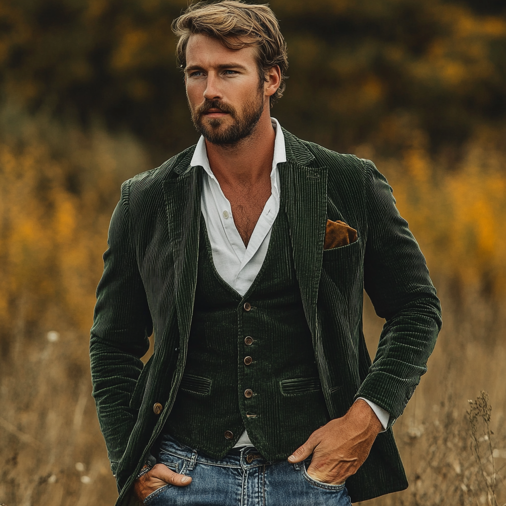 Vielseitiges Herren Vintage Blazer & Weste Set. Perfekt als Anzugjacke oder für elegante Retro-Männer Outfits.