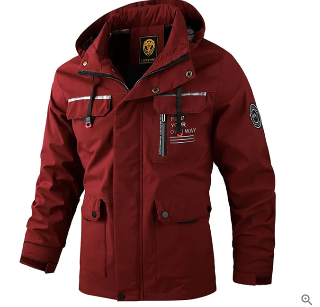 Nahaufnahme der robusten, wasserdichten Stoffstruktur der Herren-Winterjacke mit Kälteschutz.