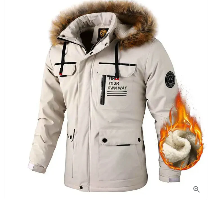 Warme, winddichte Herren-Outdoorjacke mit Kapuze; perfekt für kalte Wintertage und Sport.