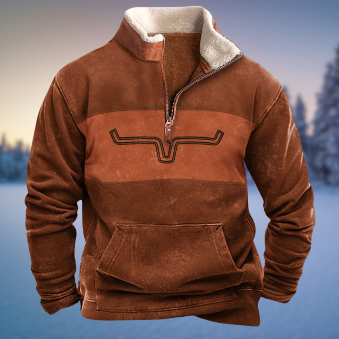Stylischer Herren Pullover im Western-Stil, Halbzip, ideal für Freizeit und Outdoor-Abenteuer.
