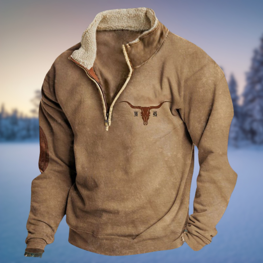 Warmer Herren Western Pullover Lincoln mit praktischem Halb-Reißverschluss und einzigartigen Musterärmeln.