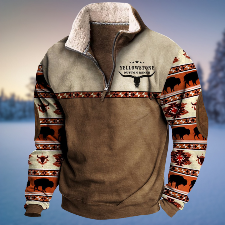 Robuster Herren Halbzip Pullover im Western-Look mit detailreichen Musterärmeln, perfekt für den Herbst.