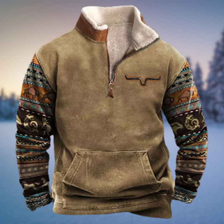 Bequemer Herren Pullover Lincoln im Western-Stil, mit Halbreißverschluss und stilvollen Musterärmeln.