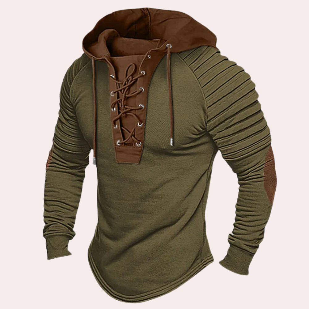 Detailreicher grüner Herren Kapuzenpullover, Wikinger-Design, mit Schnürung vorne und komfortablen Rippärmeln.