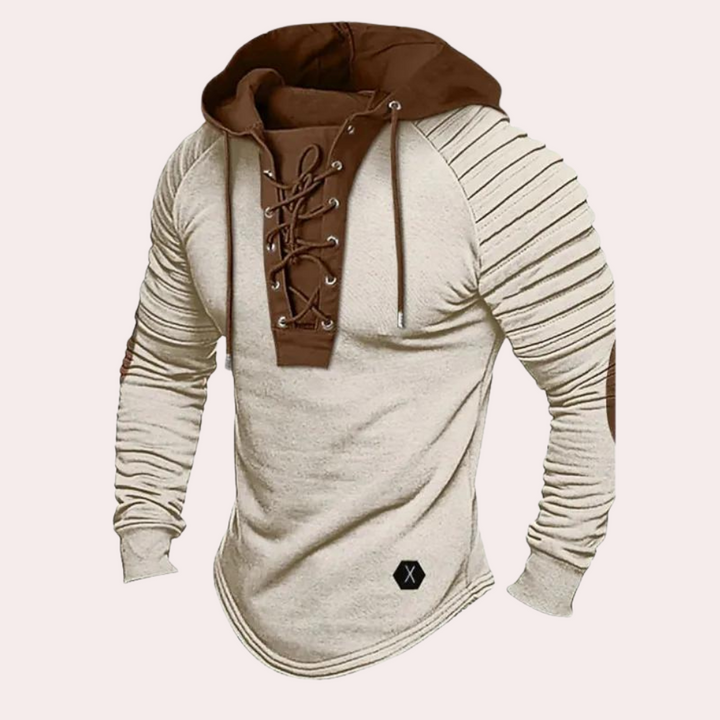 Stylischer Herren Hoodie im Wikinger-Look, schwarz, mit Schnürung und gerippten Ärmeln. Ideal für Festivals.