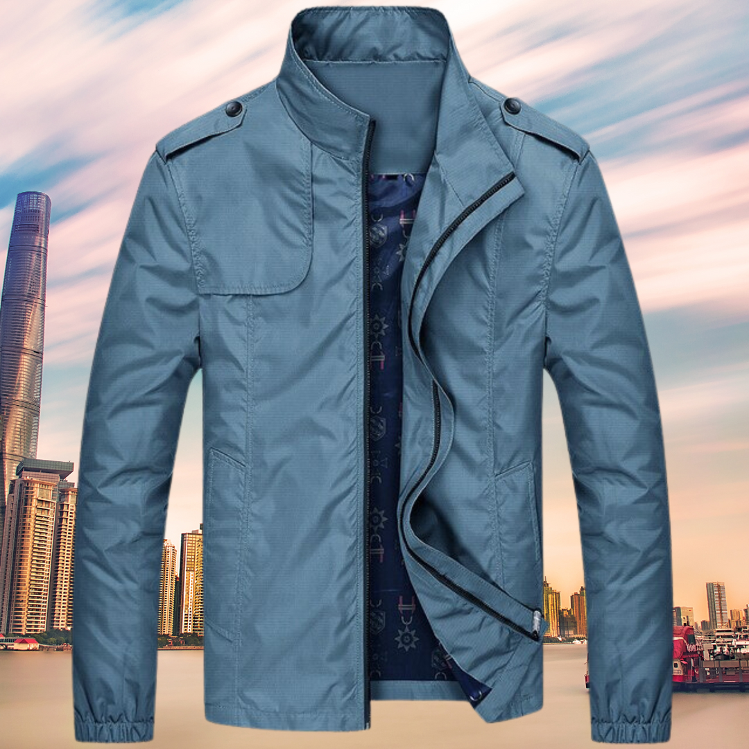 Elegante Herren Kragenjacke winddicht, dunkelblau, ideal für Herbst- und Frühlingsmode.