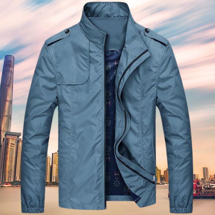 Elegante Herren Kragenjacke winddicht, dunkelblau, ideal für Herbst- und Frühlingsmode.
